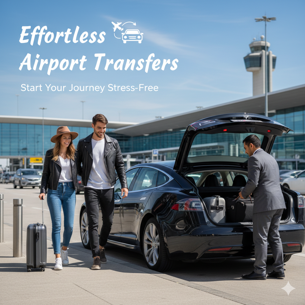 Airport transfer car outside Heathrow.